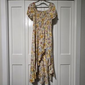 SOLD Crystal Doll Hi Low Smocked Short Puff Sleeve Dress Yellow/Multi Floral Med